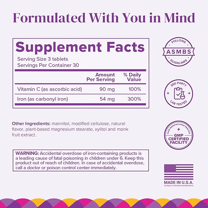 Barimelts Iron with Vitamin C, 90 Fast-Dissolving Tablets (1-Month Supply), Sugar-Free Bariatric Iron Supplement for Women, Natural Orange Flavor