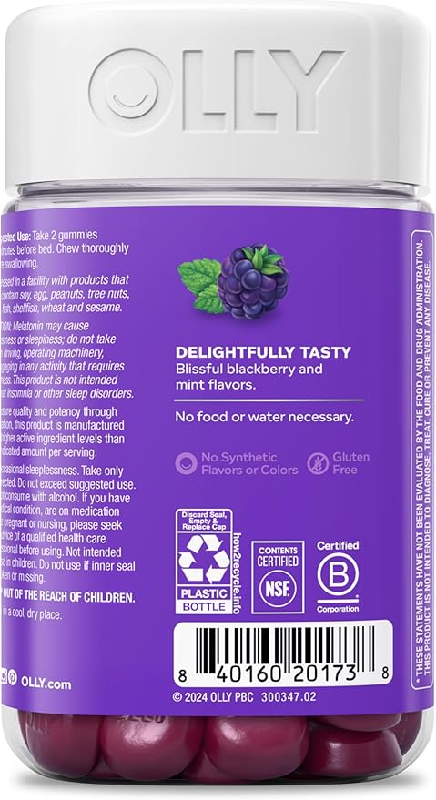 OLLY Sleep Gummy, 3mg Melatonin, L-Theanine, Chamomile, Lemon Balm, Sleep Aid, BlackBerry, 90 Count