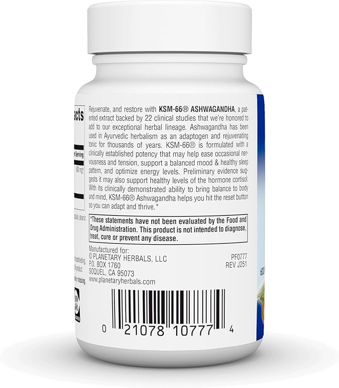 Planetary Herbals KSM-66 Ashwagandha Root Extract - 600 mg - 60 Vegetarian Capsules