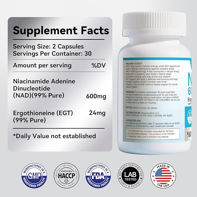 PQM NAD+ 600mg with Ergothioneine 24mg | Supports Cellular Energy, Anti Aging & Vitality | 99% Pure NAD Supplement | 60 Vegetarian Capsules Third-Party Tested