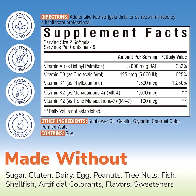 Vitamin K Complex, 2600 mcg K1 & K2 (MK-7 & MK-4), with Vitamin A & D3 5000 IU, Bioavailable, Full Spectrum, for Bone Strength and Heart Health, 90 Softgels