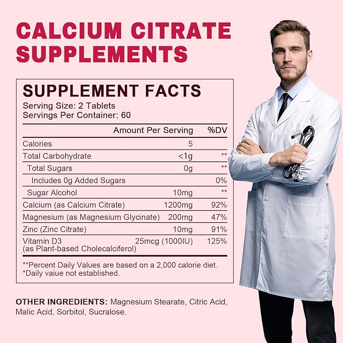 (2 Pack) Calcium Citrate with Vitamin D3 Supplement for Women & Men, Calcium Citrate 600/1200 mg with Magnesium Zinc D3 for Bone Muscle & Teeth Health - 120 Count - 120 Day Vegan Supply