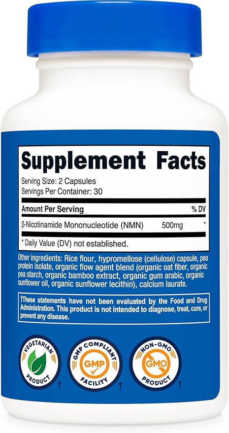 Nutricost NMN (Nicotinamide Mononucleotide) 500mg, 60 Capsules - Vegetarian Friendly, 30 Servings, Gluten Free, GMO Free