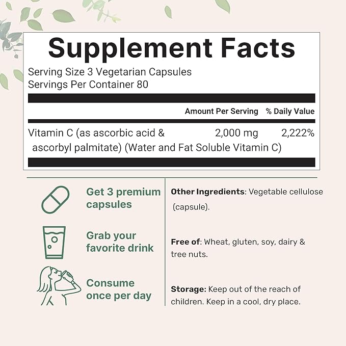 Pure Vitamin C 2,000mg, 240 Veggie Capsules | Highly Bioavailable Fat & Water Soluble Forms | Max Potency | Antioxidant & Immune Support Supplement | Easily Absorbed, Non-GMO, Filler Free