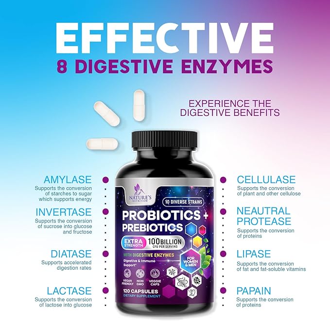 Probiotics 100 Billion CFU Per Serving - 10 Probiotic Strains & Prebiotics - Digestive Gut Health, Immune Support & Occasional Constipation, Gas & Bloating - Daily Supplement For Adults - 120 Capsules