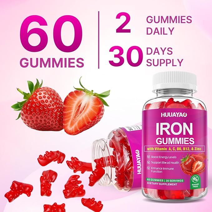 Iron Supplement Gummies for Women & Men, Vegan Iron Gummies with Vitamin C, A, B-Complex, Folate, Zinc for Blood Building & Energy Support, Strawberry Flavor, 60 Count