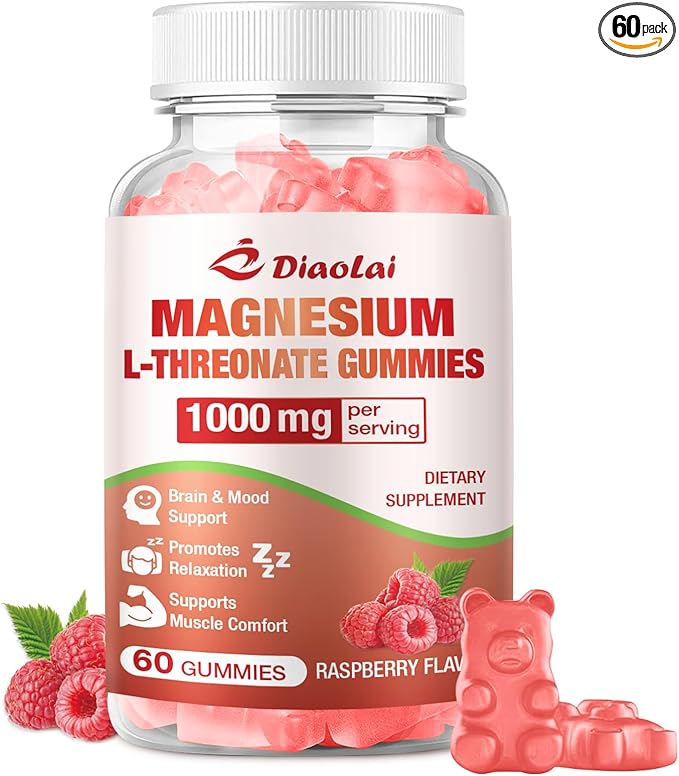 Magnesium L-Threonate Gummies 1000mg - Brain Supplement for Memory & Focus for Adults & Kids - Sugar-Free, Non-GMO, Raspberry Flavor - 60 Count