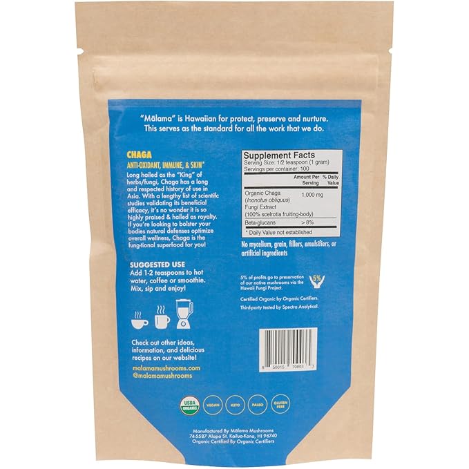 Chaga Extract Powder by Malama, Organic Fruiting Body Chaga Mushroom Powder, Superfood Adaptogenic, Supports Immune System, Skin Health, and Fatigue, 100 Servings