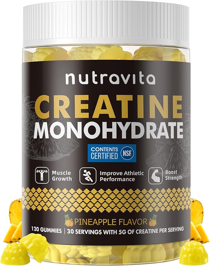 Nutravita Creatine Monohydrate Gummies for Men & Women-5g of Creatine Monohydrate per Serving - Sugar Free,Vegan,Pineapple Flavor, 120 Count
