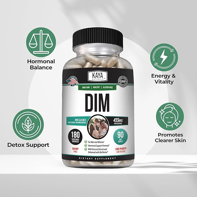 Kaya Naturals DIM Ultra | Supplement for Women and Men | Vegetable Capsules with Broccoli Extract & BioPerine | Herbal Supplement for Hormonal Support, Acne, Menopause, and Prostate – 180 Count