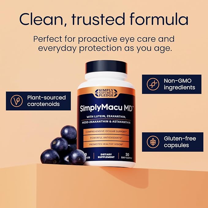 Simply Macu MD – Advanced Vision Support Supplement - 90 Capsules, 3 Month Supply - with Lutein, Zeaxanthin, Meso-Zeaxanthin & Astaxanthin – Bilberry Extract – Vegan, Non-GMO, Gluten Free