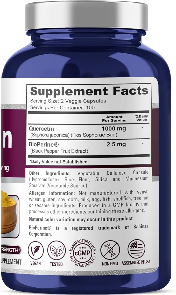 NusaPure Quercetin - Suitable for Vegetarian/Vegan, Non - GMO - 1000 mg - 200 Capsules
