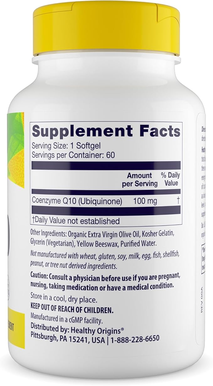 Healthy Origins® CoQ10 100 mg – Natural Trans-Isomer Ubiquinone – Yeast Fermented, Supports Heart Health & Cellular Energy – Non-GMO 60 Softgels