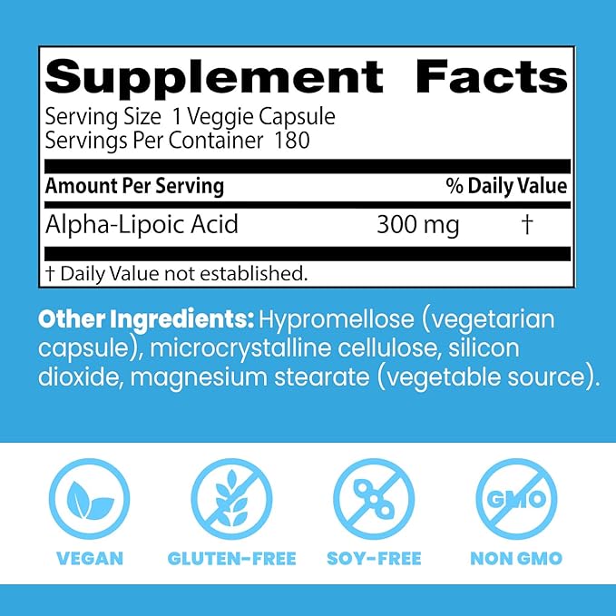 Doctor's Best Alpha Lipoic Acid Supplement 300mg - Alpha-Lipoic Acid Caps for Men & Women, ALA Antioxidant Support for Nerve Health, Aids in Cellular Function, Non GMO, Gluten Free - 180 Veg Capsules