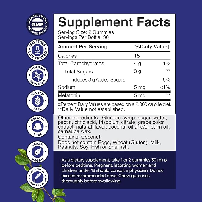 Melatonin Gummies 5mg for Peaceful Nights - Easy to Chew Sleep Gummies for Adults - Helps Support Circadian Rhythm - Delicious Strawberry Flavor - Non-Habit Forming Sleep Aid - Gelatin Free - 60 Count