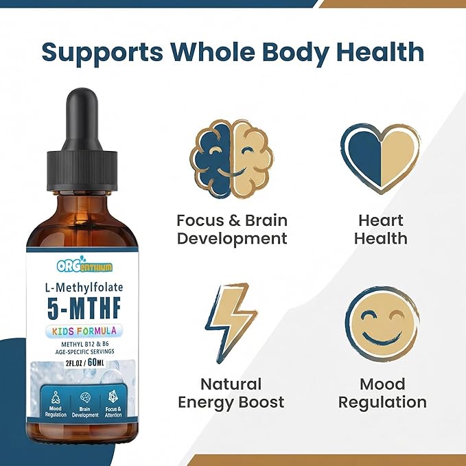 Kids L-Methylfolate B12 Drops 5-MTHF, Active Methylated B9 & B12 Supplement for Children, Supports Cognitive Brain Focus, Mood & Energy - Bioavailable Liquid Formula - Natural Flavor