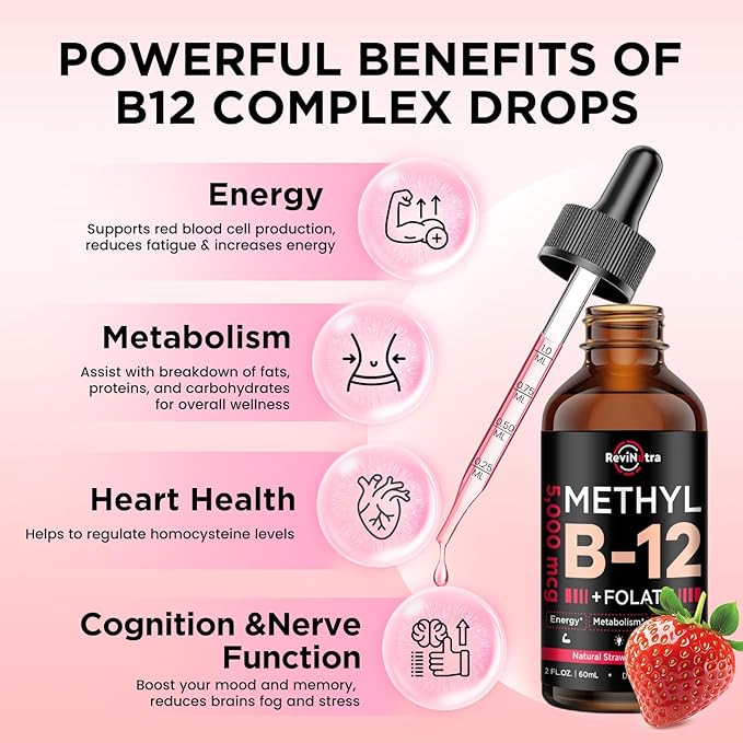 Vitamin B12 liquid Drops, B12 vitamins 5000 mcg, Vitamin B Complex Supplement with Methylcobalamin B12 Sublingual, Vitamin B6, Folate for Energy, Brain, Heart Health, Vegan Strawberry Flavor 2 Fl Oz