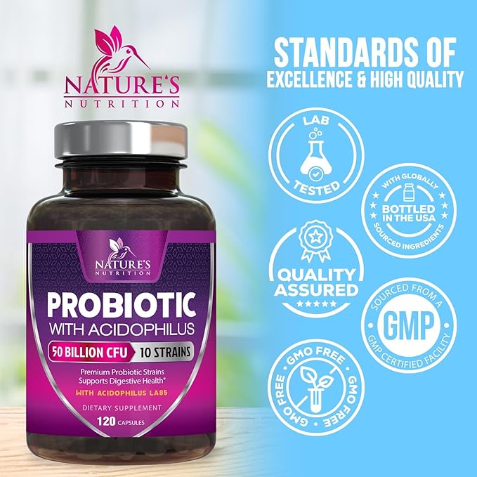 Probiotics for Digestive Gut Health - 50 Billion CFU Per Capsule, 10 Premium Strains & Prebiotics - Best Probiotics for Women & Men, Occasional Constipation, Gas, Immune Health Support - 120 Capsules