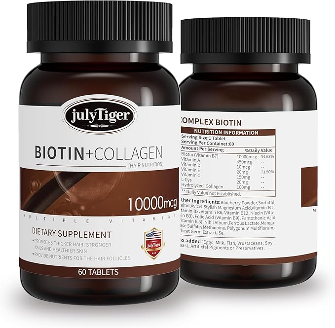 julytiger Biotin 10,000mcg with Collagen Supplement, Biotin (Vitamin B7) for Healthy Skin and Nails,biotin Collagen peptide, for Women and Men - Vegan, Non-GMO, Gluten & Soy-Free - 60 Tablets