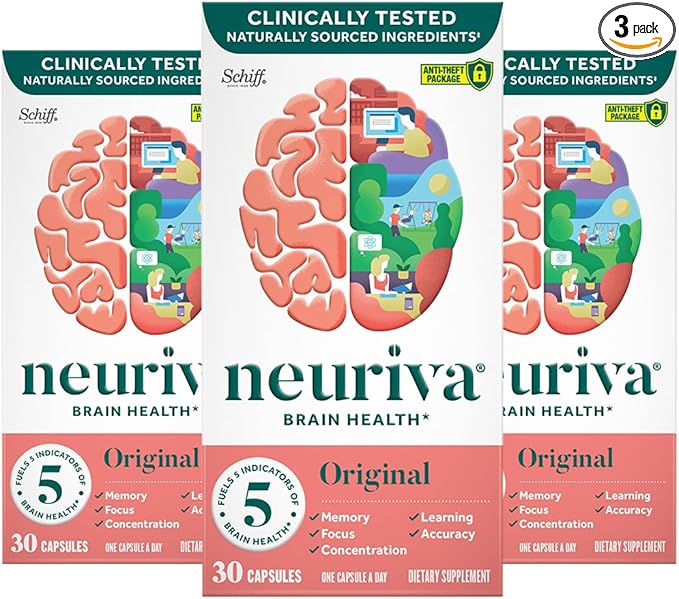 NEURIVA Original Brain Supplement for Memory, Focus & Concentration + Learning & Accuracy with Clinically Tested Nootropics Phosphatidylserine and Neurofactor, Caffeine Free, 30ct Capsules (3 Pack)