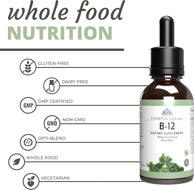 Optimal Health Systems Essential B-12 Drops | Whole Food B-12 for Energy, Red Blood Cell & Cognitive Support | Potent, Vegetarian, Gluten Free, Non-GMO – 60 mL