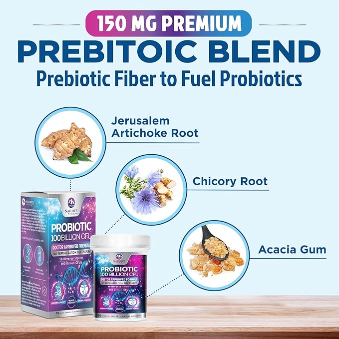 Probiotics for Digestive Gut Health - 100 Billion CFU Per Capsule, 16 Premium Strains & Prebiotics - Best Probiotics for Women & Men, Occasional Constipation, Gas, Immune Health Support - 30 Capsules
