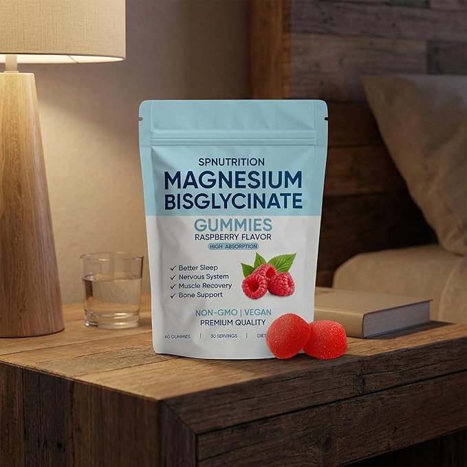 Spnutrition Magnesium Bisglycinate Gummies, 400mg Magnesium Bisglycinate Chelate with Sea Salt & Raspberry Powder, Supports Sleep, Nerve & Muscle Relaxation, Bone Health Support, Vegan, 60 Gummies (1)
