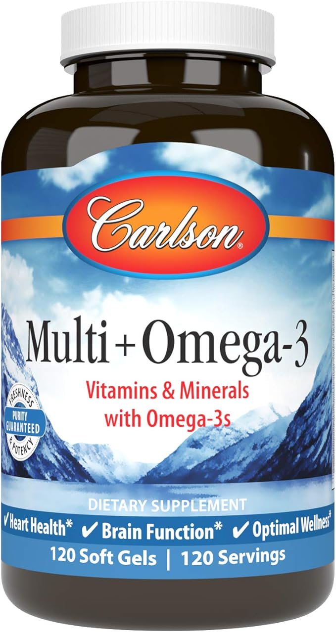 Carlson - Multi + Omega-3, Fish Oil with Vitamins & Minerals, Health Function and Optimal Wellness, 120 Softgels