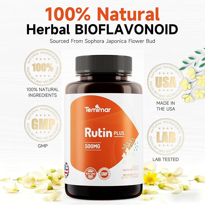 Rutin 500mg Supplement, Flavonoids Supplements from Sophora Japonica, Supports Vascular Health & Antioxidents, Gluten-Free, Made in USA, 360 Vegan Capsules