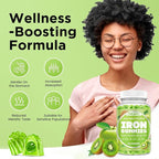 Center-Filled Iron Gummies for Adults & Kids - Iron Supplement with Vitamin B6, B12, C, Zinc, Folate - Support Women Iron Deficiency, Anemia, Blood Builder - Sugar Free Vegan 60ct Apple & Kiwi Flavor