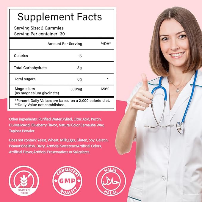 Magnesium Glycinate Gummies 500mg, Sugar-Free for Adults & Kids, Magnesium Gummy for Relaxation, Stress & Muscle Relief, Supports Bone & Nerve Health, Vegan, Pectin-Based, 60 Count, Strawberry Flavor