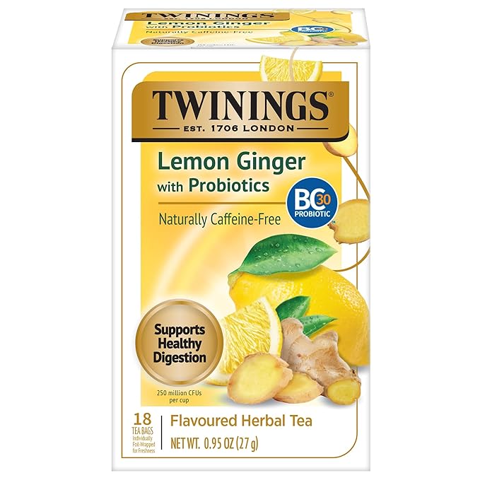 Twinings Superblends Probiotics+ Lemon & Ginger Flavoured Herbal Tea with Turmeric, Caffeine-Free, 18 Count (Pack of 1), Enjoy Hot or Iced, 18 Teabags