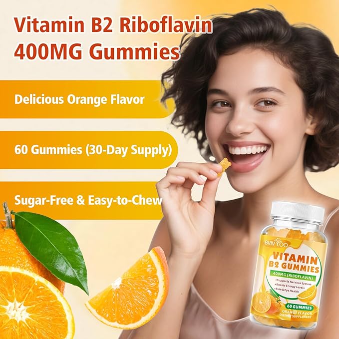 Vitamin B2 Gummies - Riboflavin 400mg for Kids & Adults, Migraine Relief & Headache Relief, Vegan, Sugar-Free, Orange Flavor, 60 Gummies
