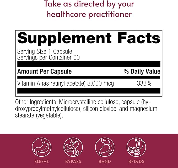 Bariatric Advantage Vitamin A 3,000 mcg - for Bariatric Surgery Patients - Easy-Digest Mini Capsules - Vitamin A Supplements - Eye Health Support* - 60 Count (2 Pack)