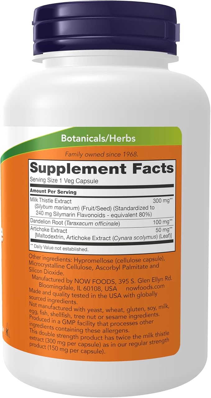 NOW Foods Supplements, Silymarin Milk Thistle Extract 300 mg with Artichoke and Dandelion, Double Strength, Supports Liver Function*, 200 Veg Capsules