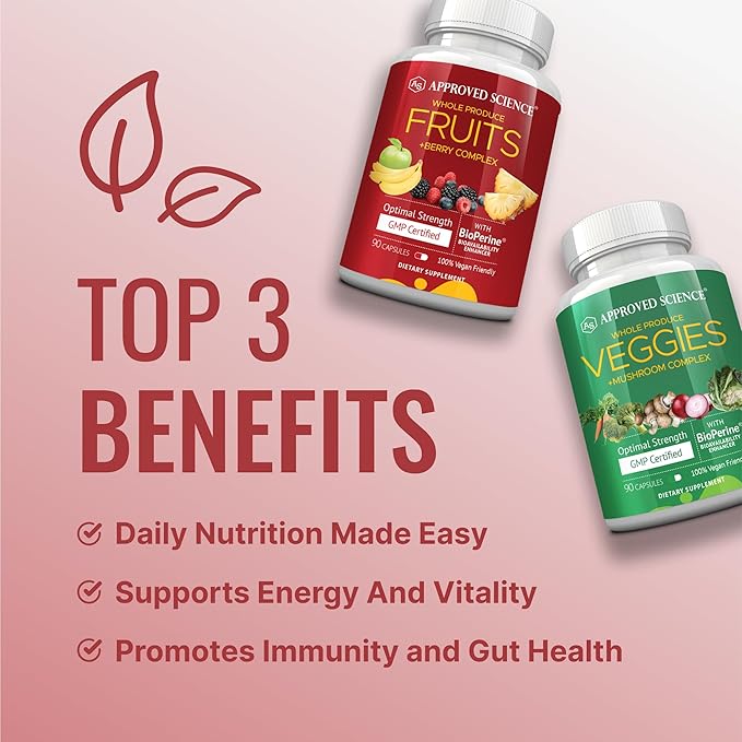 Approved Science Fruits & Veggies - 42 Whole Fruit and Veggie Supplement - Enhanced Health & Vitality - Daily Natural Vitamins, Minerals, Antioxidants - 90 Capsules Each - 1-Month Supply