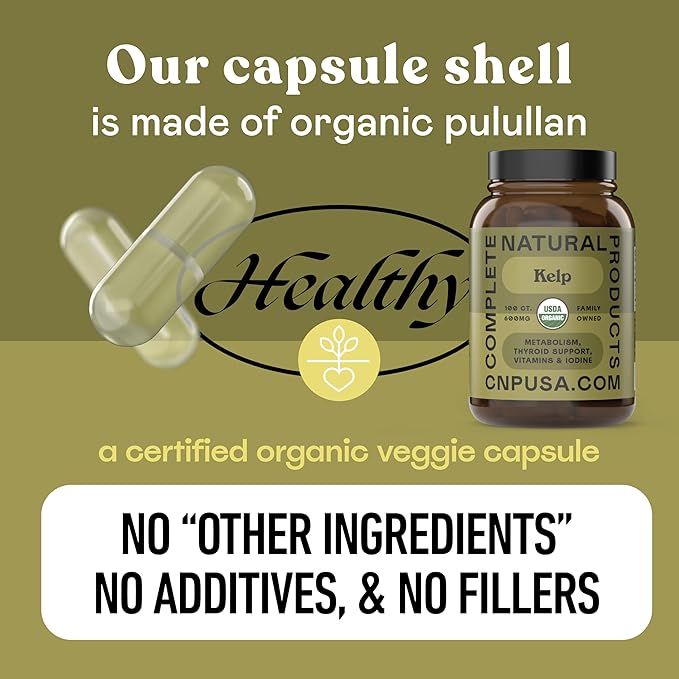 Complete Natural Products Organic Icelandic Sea Kelp Capsules - Pure 600mg Capsules, 100 Pills, Raw Seaweed & Thyroid Support Supplement