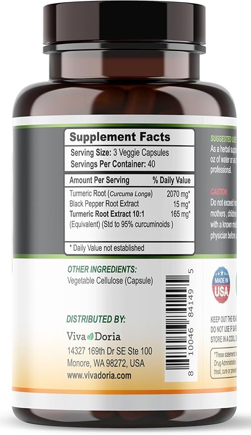 Viva Doria Turmeric Curcumin with Black Pepper Extract 2250mg, 95% Standardized Curcuminoids - Black Pepper for Max Absorption, 120 Vegetable Capsules