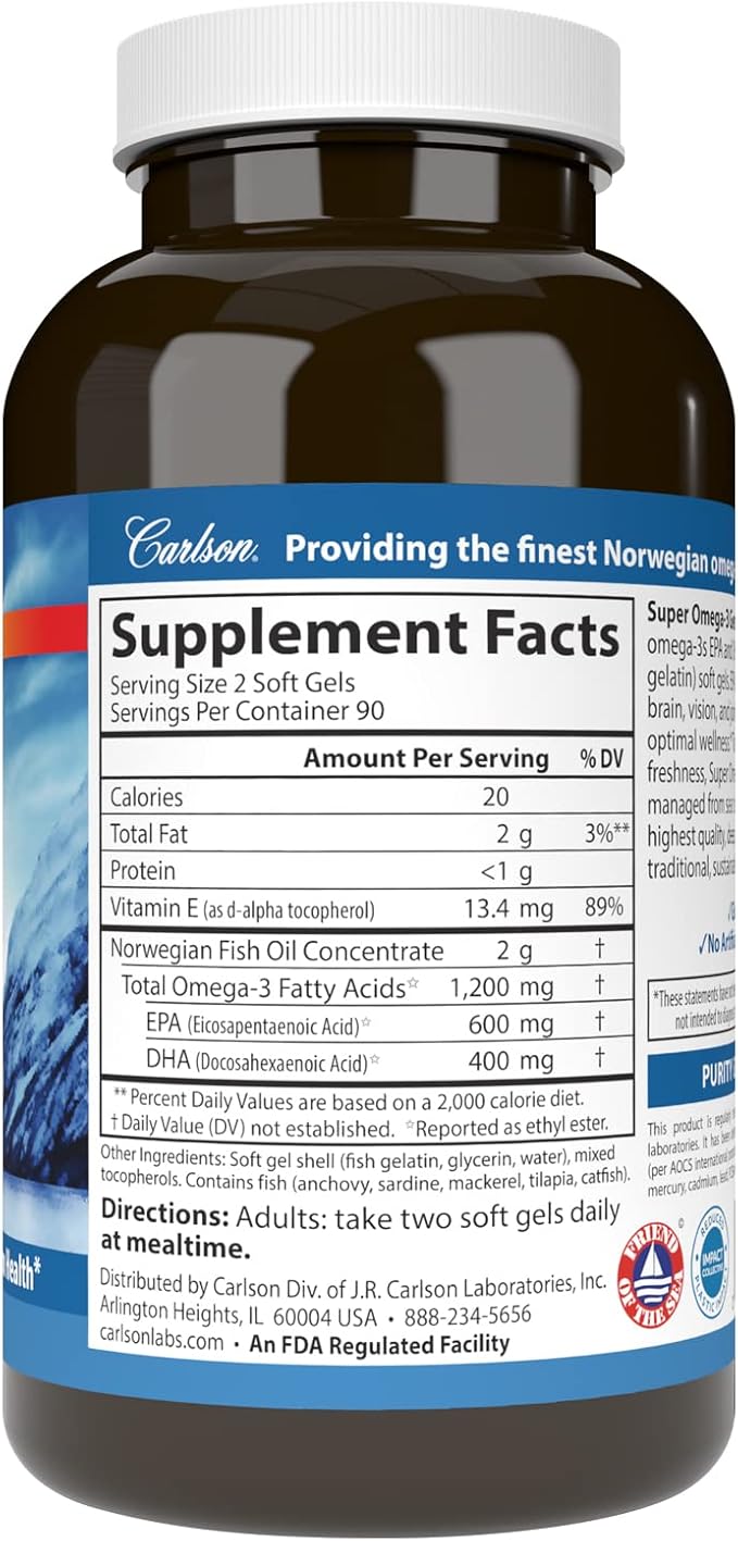 Carlson - Super Omega-3 Gems, 1200 mg Omega-3s, Cardiovascular Support, Brain Function & Vision Health, Norwegian, 180 soft gels