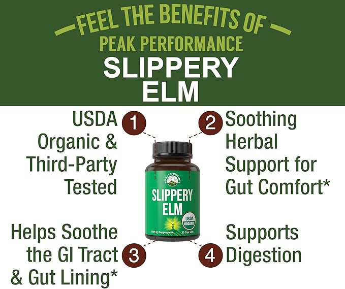 USDA Organic Slippery Elm for Women & Men. Vegan Capsules with Micronized Slippery Elm Bark Powder for Digestion, Bloating Relief, & Gut Lining. Natural Mucilage that Soothes The Throat & Airways