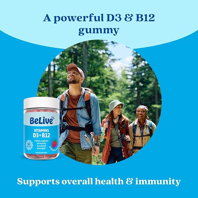 BeLive Vitamin D3 Gummies with B12 Vitamins - Immune Support Gummies with Vegan Vitamin B12 & D3, Provides Enhanced Bone & Muscle Strength, Hearth Health and Energy - Strawberry Flavor | 3-Pack