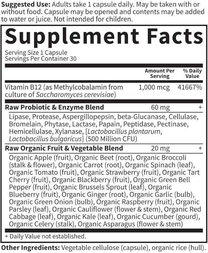 Garden of Life Vitamin Code Raw B-12-30 Capsules, 1,000mcg Whole Food B12 Methylcobalamin for Energy, Vegan Methylcobalamin Vitamin Plus Probiotics and Enzymes, Gluten Free Supplements (Pack of 6)