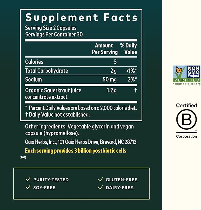 Gaia Herbs Sauerkraut Postbiotic - Gut Health & Immune Support Supplement* - Made with Fermented Sauerkraut - Free from Dairy, Soy & Gluten - 60 Vegan Liquid Phyto-Caps (30 Servings)