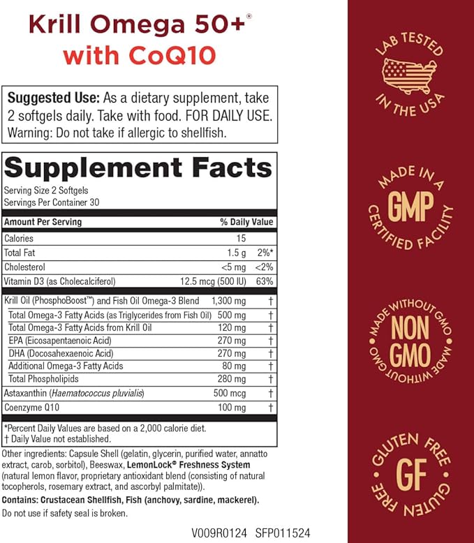 Krill Omega 50 Plus w/ CoQ10 from Purity Products - 1300mg Krill Oil and Fish Oil Blend - 100mg CoQ10-500mg Natural Astaxanthin - Support for Cardio, Joint and Brain Health - 60 Mini Soft Gels