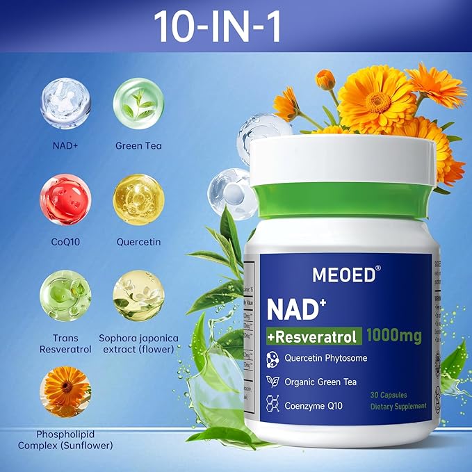 NAD+ Resveratrol Supplement 1000mg Extra Strength Liposomal with Trans Resveratrol, CoQ10, Quercetin and Organic Green Tea for Women and Men, Energy Supplements, 30 Vegan Capsules