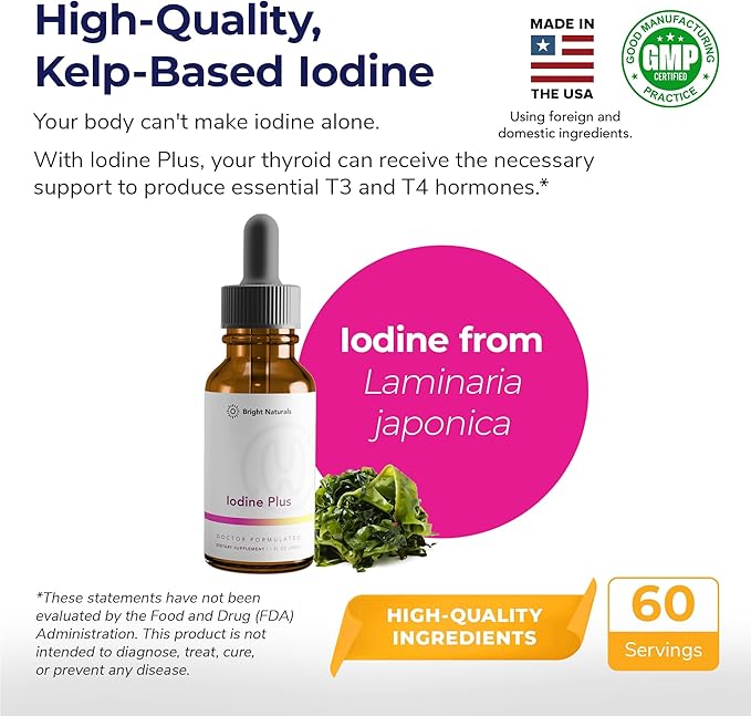 Iodine Plus - Kelp-Based Liquid Supplement Supports Thyroid - Boosts Energy, Improves Sleep, and Enhances Mental Clarity, 60 0.04% Servings