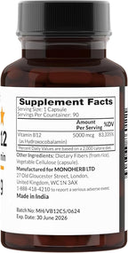 MONOHERB Hydroxo B12 Vitamin 5000mcg, Hydroxocobalamin, Hydroxy B12