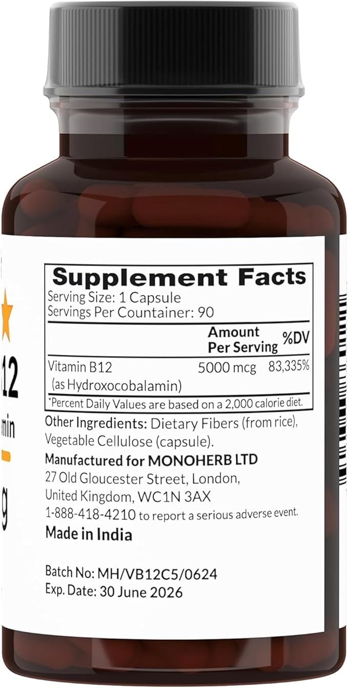 MONOHERB Hydroxo B12 Vitamin 5000mcg, Hydroxocobalamin, Hydroxy B12