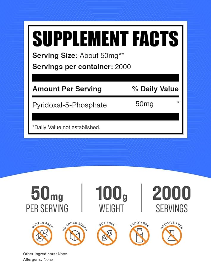 BulkSupplements.com Pyridoxal 5 Phosphate Powder - P-5-P Vitamin B6 Supplement, P-5-P 50mg - P5P Supplement, Gluten Free, 50mg of per Serving, 100g (3.5 oz) (Pack of 1)