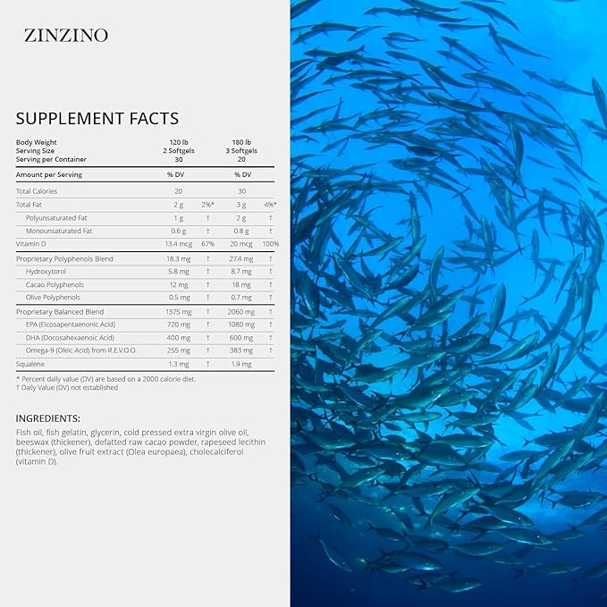 Zinzino - Essent+ Premium, Advanced Polyphenol Omega Balance with Fish Oil, Glycerin, Cold-Pressed Extra Virgin Olive Oil, Vitamin D - 60 Softgels